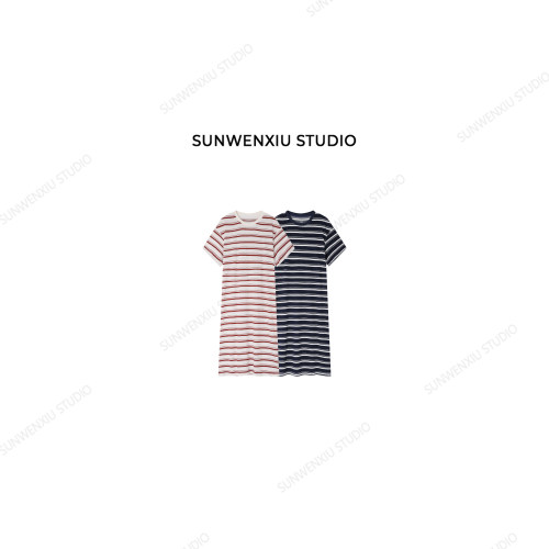 swx studio 松弛天菜 极简高品质大牌休闲宽松条纹T恤连衣裙559C