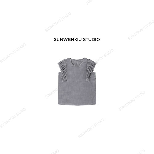 swx studio 高品质色织天丝亚麻小飞袖重工捏褶无袖格子衫343A