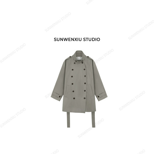 孙文秀studio冰美式风衣100%全棉斜门襟立裁设计感风衣外套中长款
