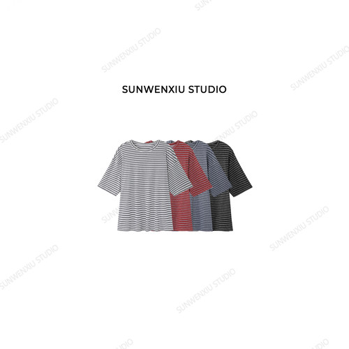 swx studio 元气条纹 休闲百搭圆领落肩宽松版半袖条纹T恤462C
