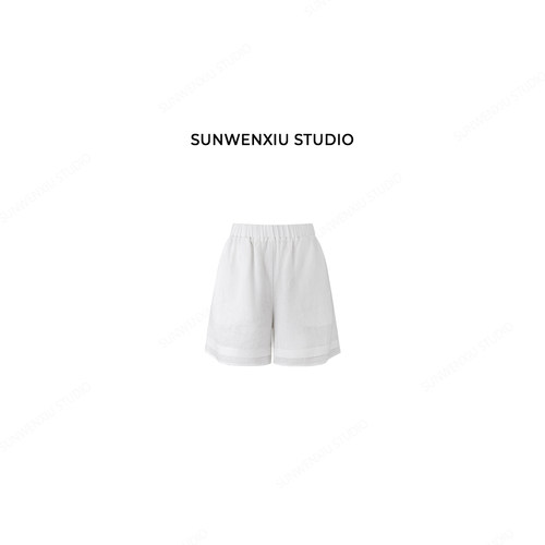 swx studio 麻系列 100%亚麻有衬不透拼接设计松紧腰百搭短裤613B