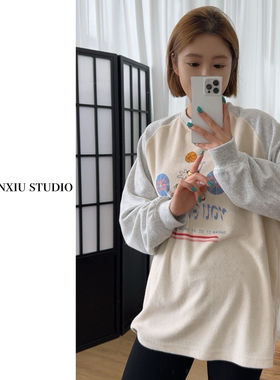 swx studio 章若楠同款 韩代毛巾料印花插肩袖T恤