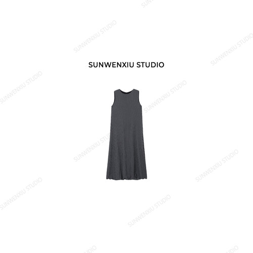 swx studio 时光黑白格经典休闲百搭无袖长款连衣裙300A