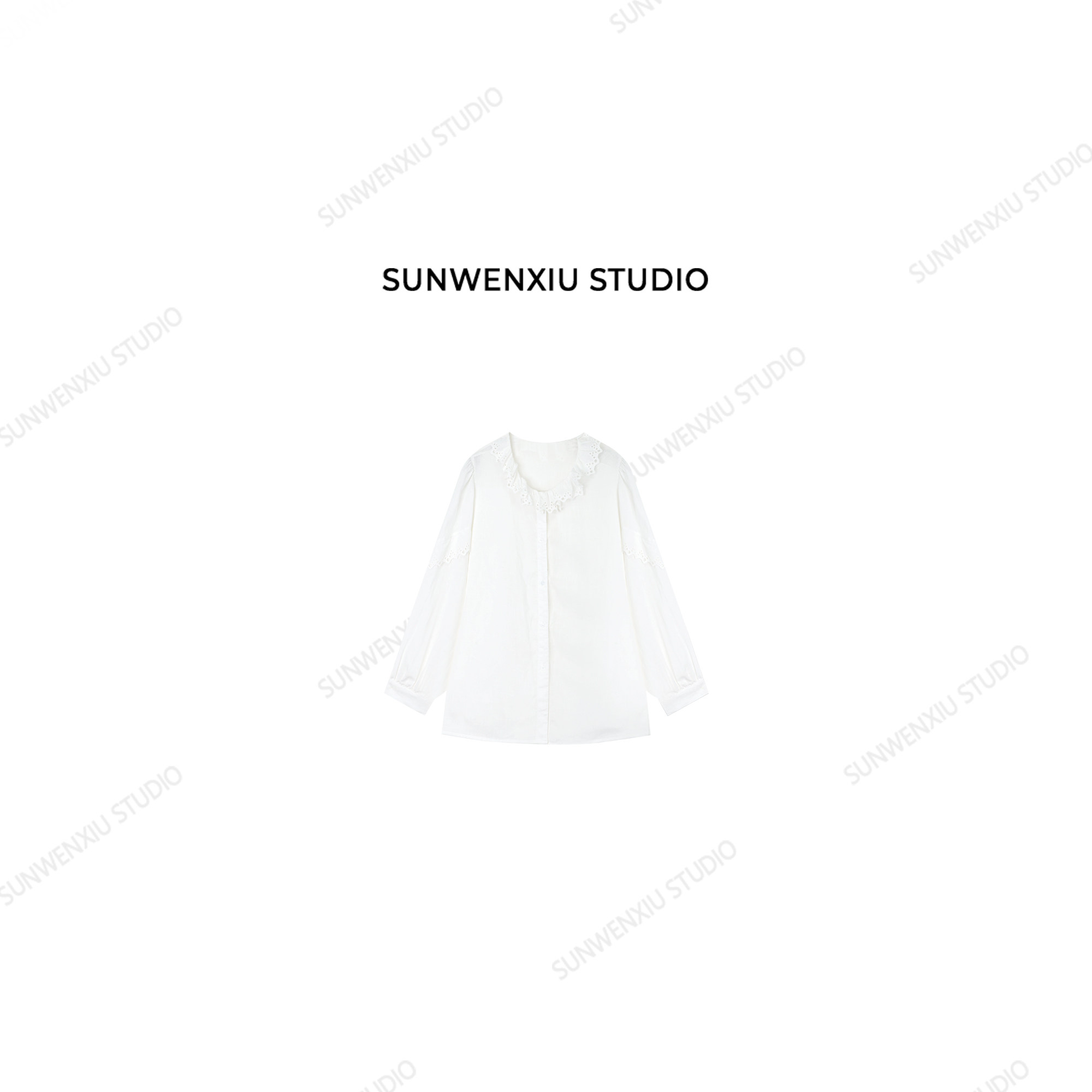 swx studio 生日衬衣 天丝亚麻法式精致感蕾丝拼接花领衬衫351A
