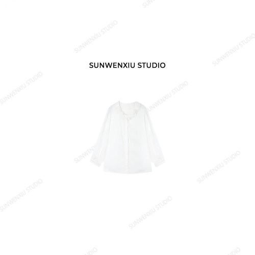 swx studio 生日衬衣 天丝亚麻法式精致感蕾丝拼接花领衬衫351A