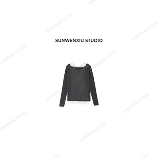 莱赛尔细条纹休闲宽松露肩上衣335B 条纹两件套 swx studio