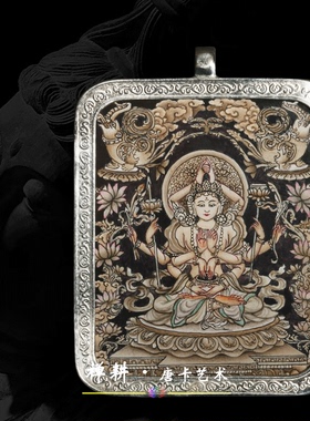 手绘小唐卡文殊菩萨佛牌吊坠西藏