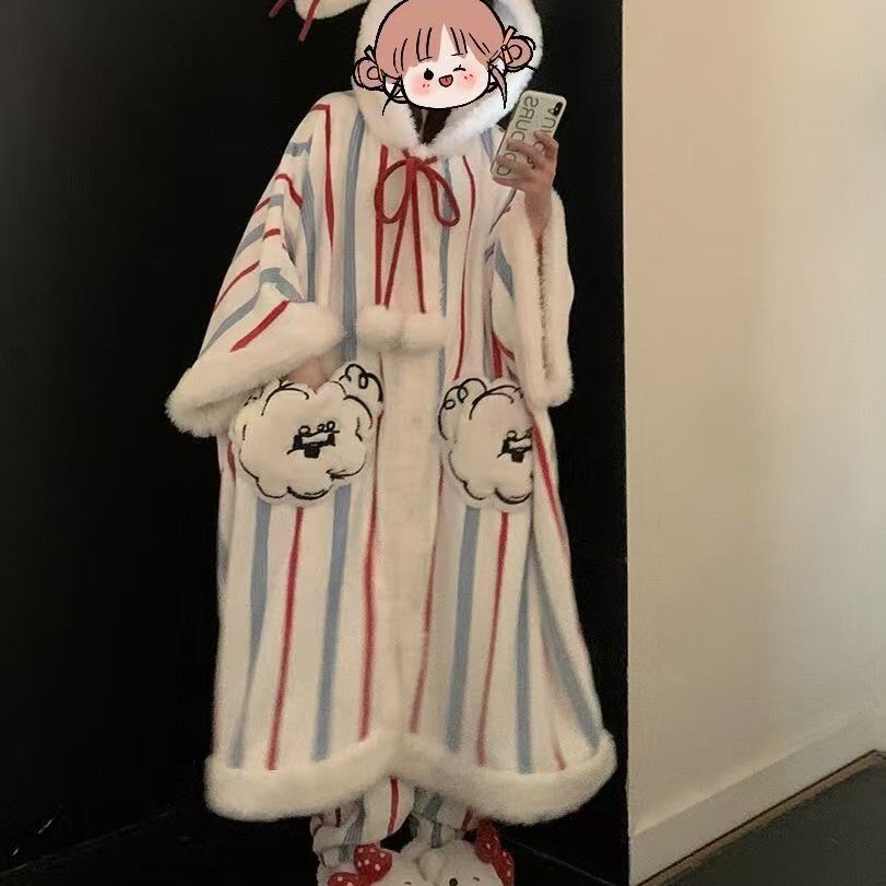 珊瑚绒睡袍斗篷女冬季加厚加绒宽松印花条纹家居服两件套装可外出