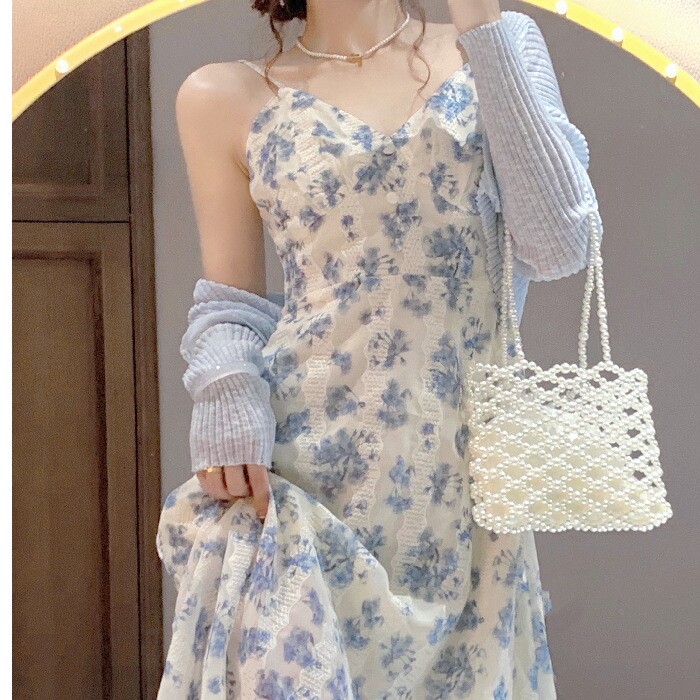 2025盛夏小个子法式初恋雪纺专拍碎花吊带连衣裙开衫两件套装女