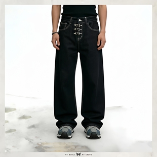 日本冈山牛仔裤加州潮牌飞机扣门襟原浆潮流休闲宽松直筒男女长裤