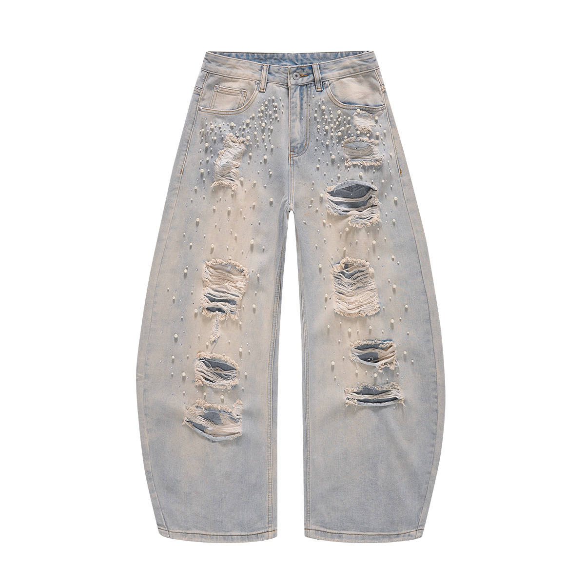 日本冈山手工珍珠带钻破洞牛仔裤