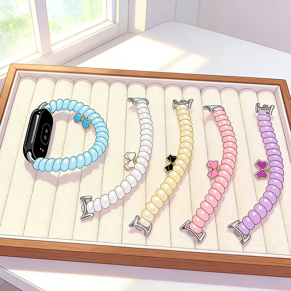 金边蝴蝶结电话线适用苹果手表1-9代41/49mm表带s10/11弹力女腕带