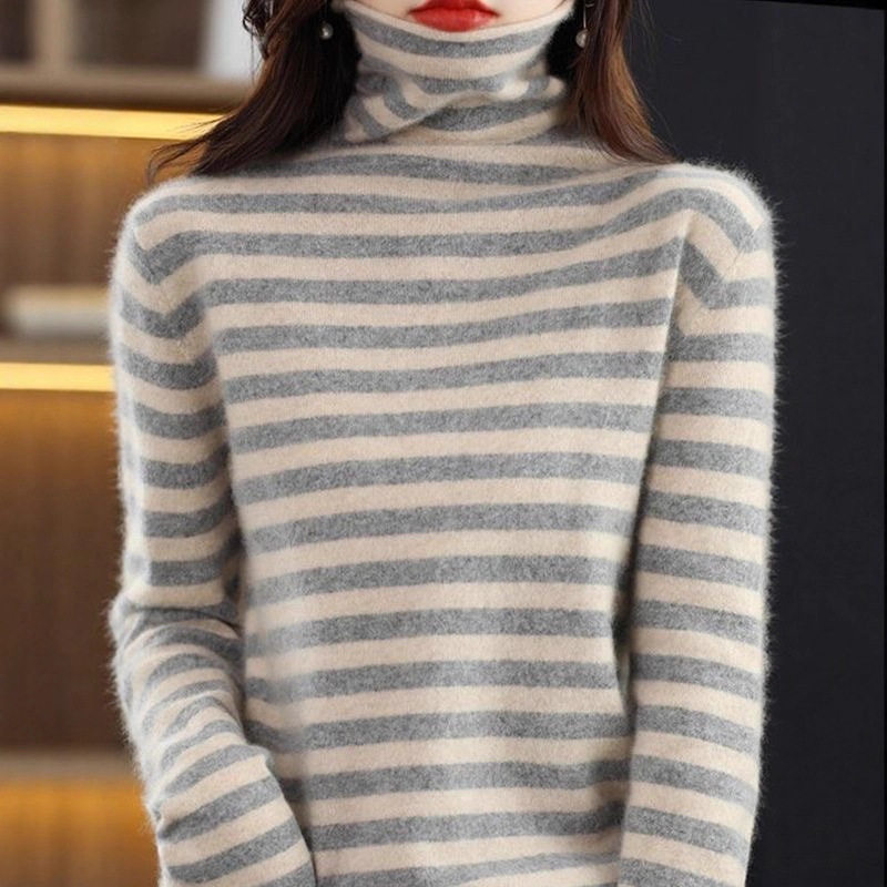 女装2025秋季冬新款时尚百搭条纹堆堆领高领毛衣咖啡色灰色黑色