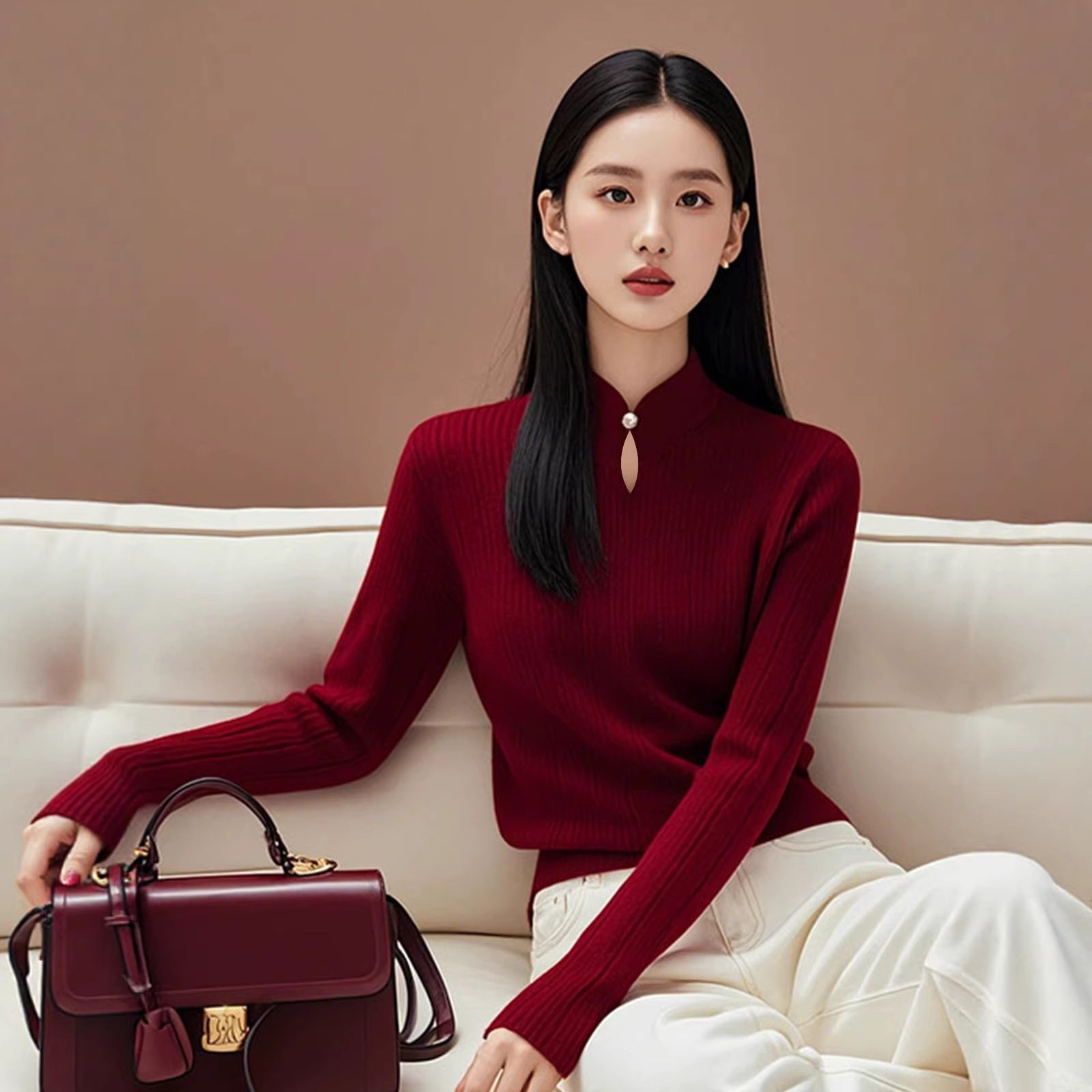 哥家商场同款女装2025冬季新款安可拉红穿搭套头内搭打底针织上衣