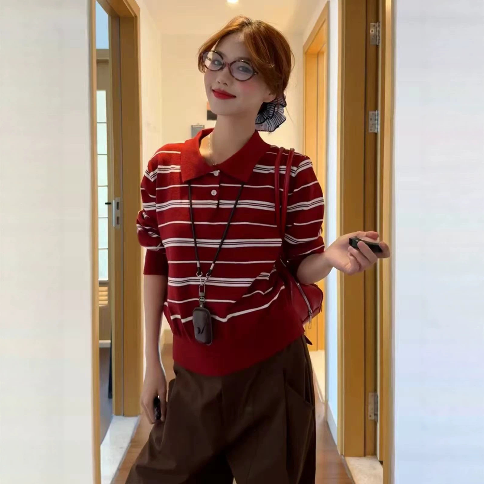 哥家专柜品质秋季新款红色条纹polo衫设计感独特毛衣翻领针织上衣