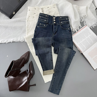潮 女弹力百搭紧身提臀九分铅笔裤 韩版 辣妹排扣弹力高腰牛仔小脚裤
