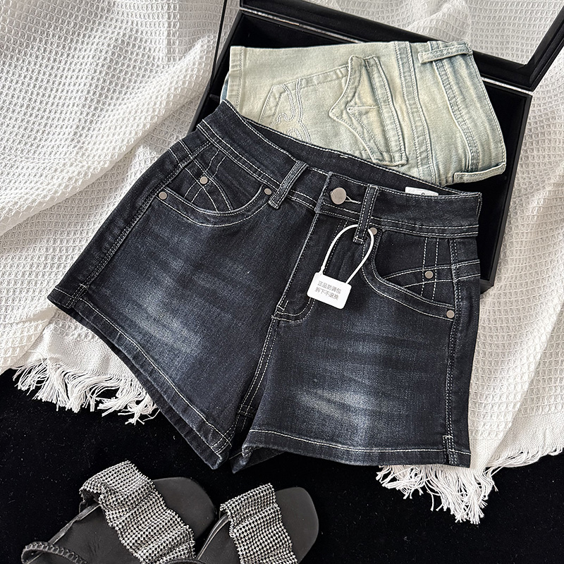 辣妹高腰刺绣牛仔短裤女2025早秋女装新款时尚百搭弹力紧身阔脚裤