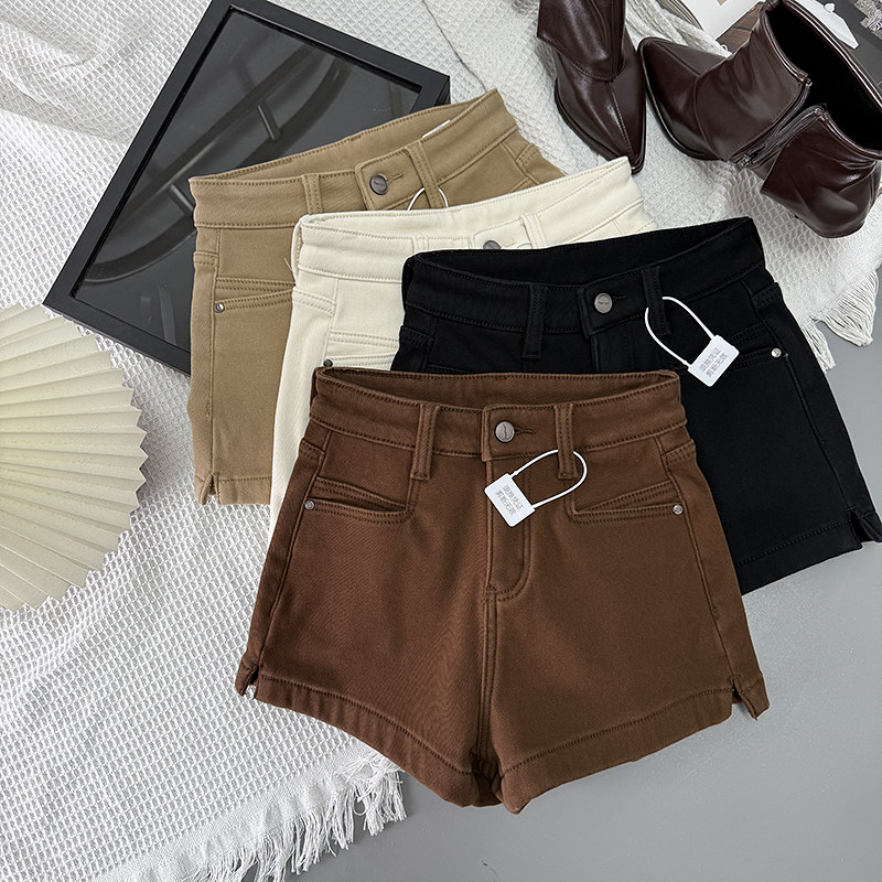 冬季加绒加厚弹力高腰牛仔短裤女辣妹修身显瘦外穿a字包臀靴裤潮