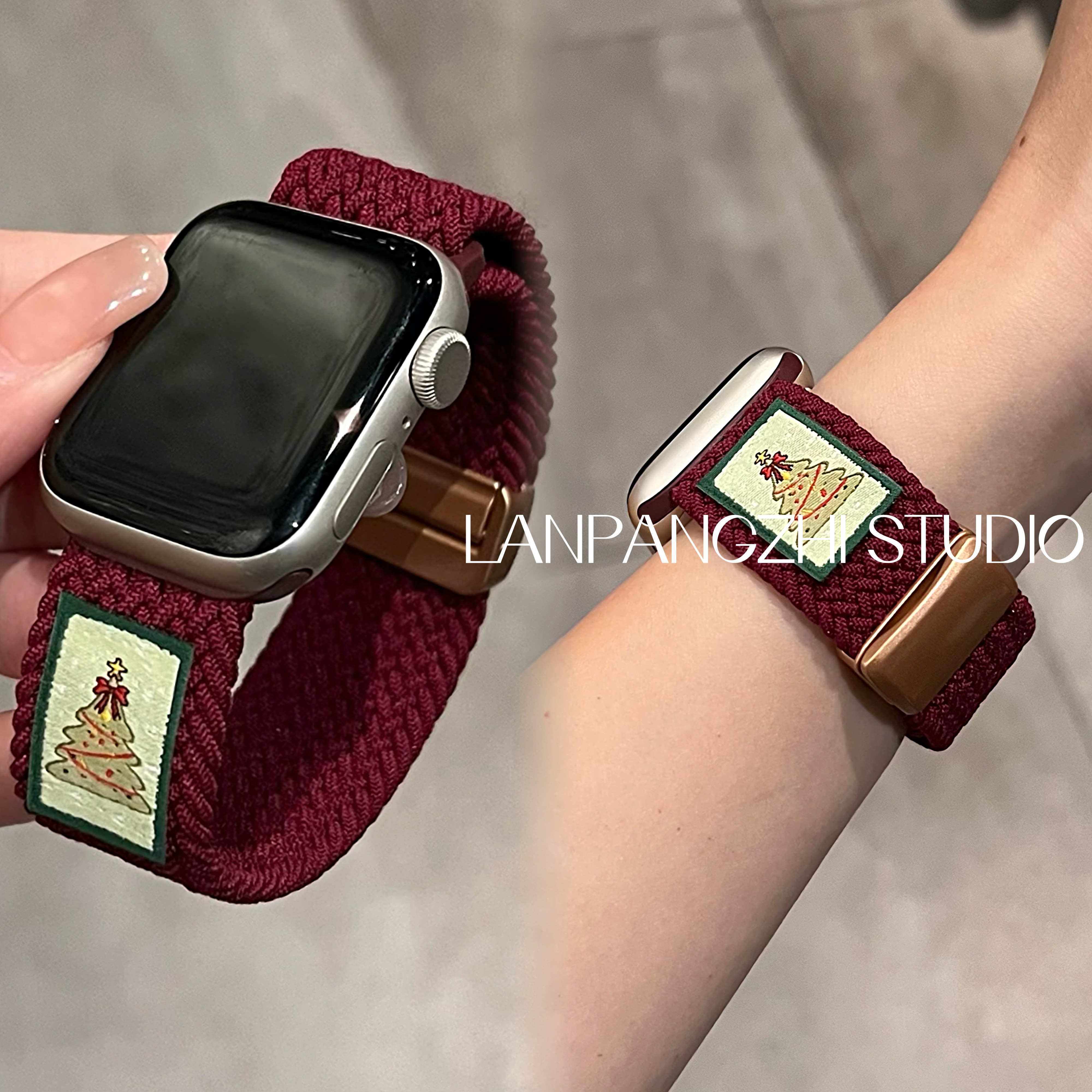 高级感圣诞标签酒红编织磁吸表带适用苹果iwatchs11/s10/se/ultra