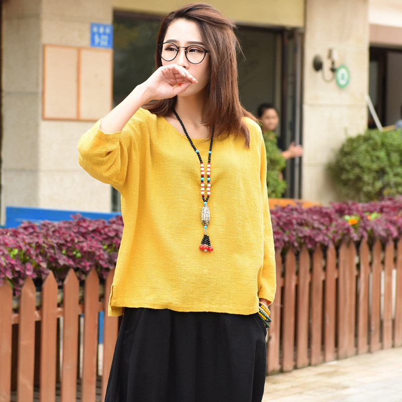 原创复古文艺棉麻女装宽松大码T恤秋款亚麻蝙蝠衫长袖套头衫上衣