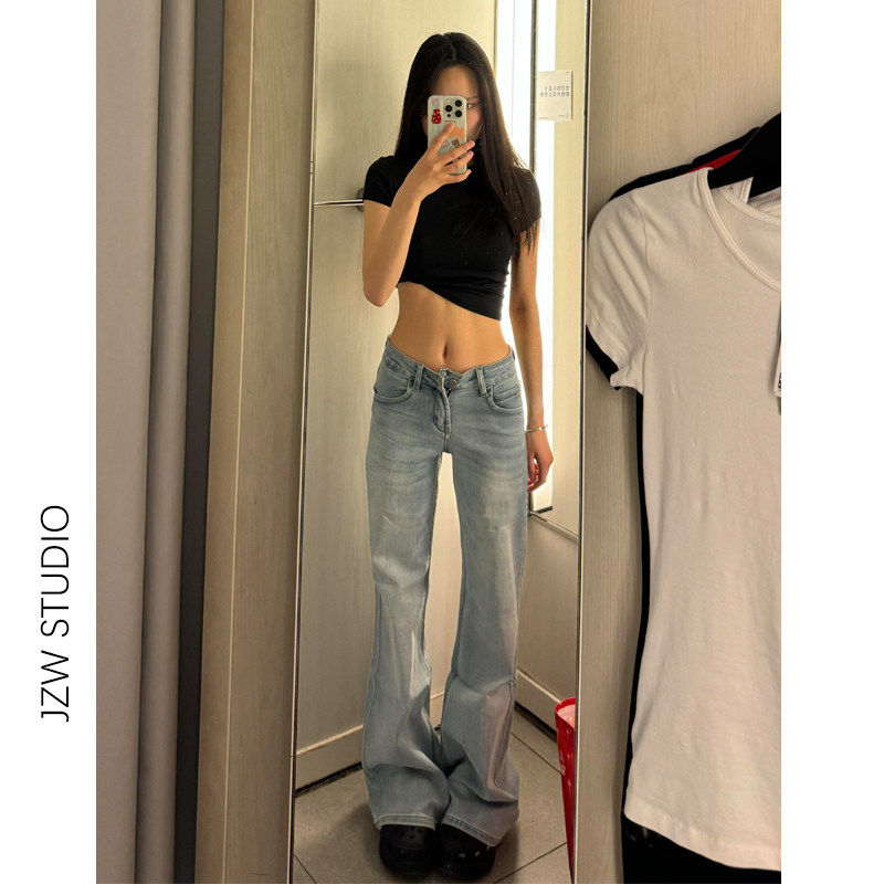 浅蓝低腰百搭微喇牛仔裤女春夏新款宽松显瘦垂感小个子拖地马蹄裤