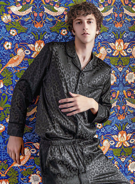 埃森费姆男士睡衣豹纹高级丝绸家居服长袖情侣睡衣春秋款男士礼物