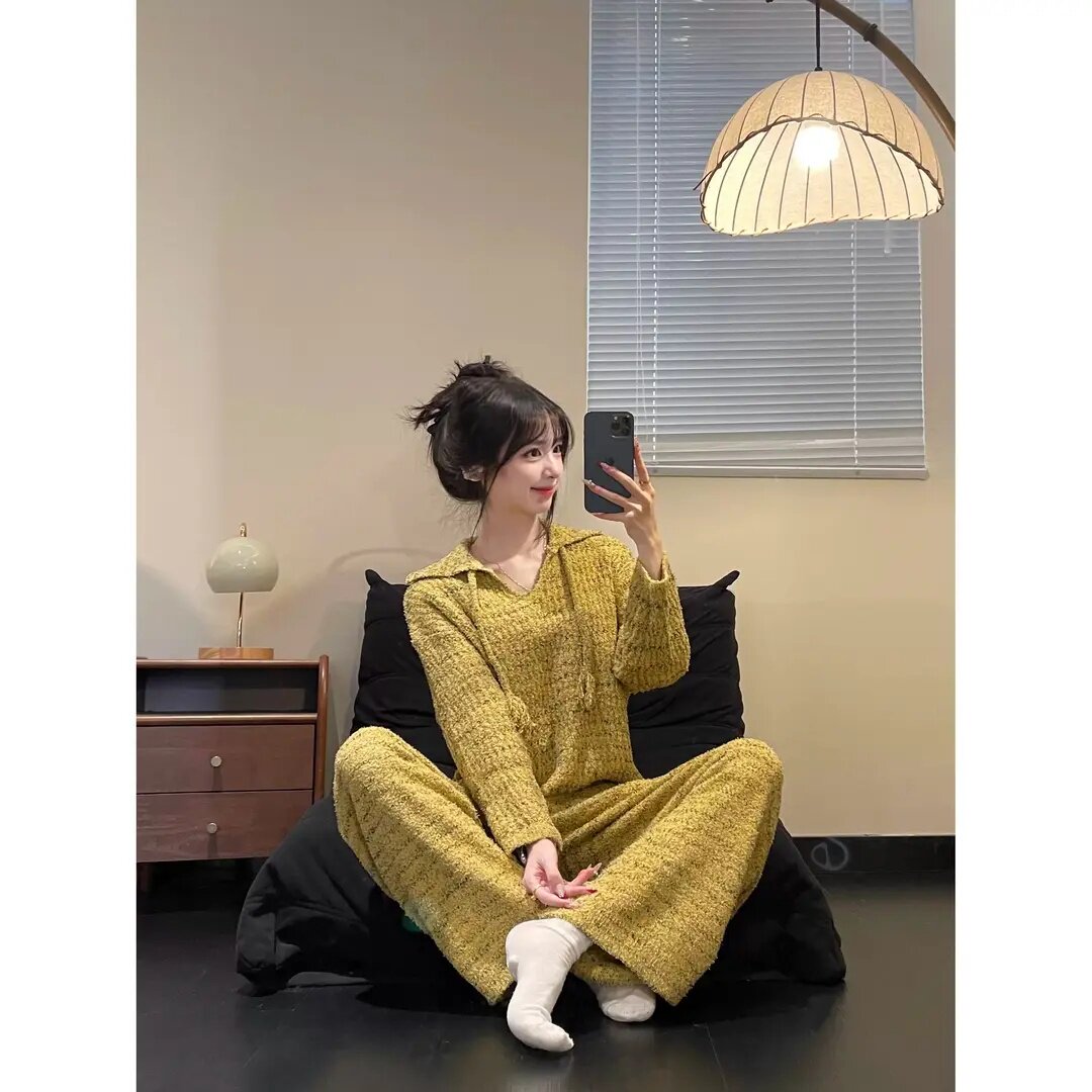 韩系女士长袖长裤V领两件套宽松显瘦半边绒秋冬少女风居家服套装