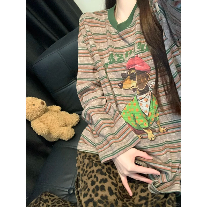 2026新款复古撞色条纹腊肠小狗印花睡衣套装圆领长裤女生家居服