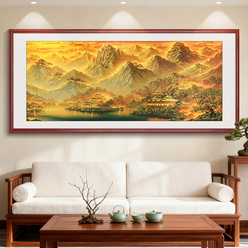 浮雕描金山水画旭日东升客厅沙发背景墙装饰画海纳百川办公室挂画