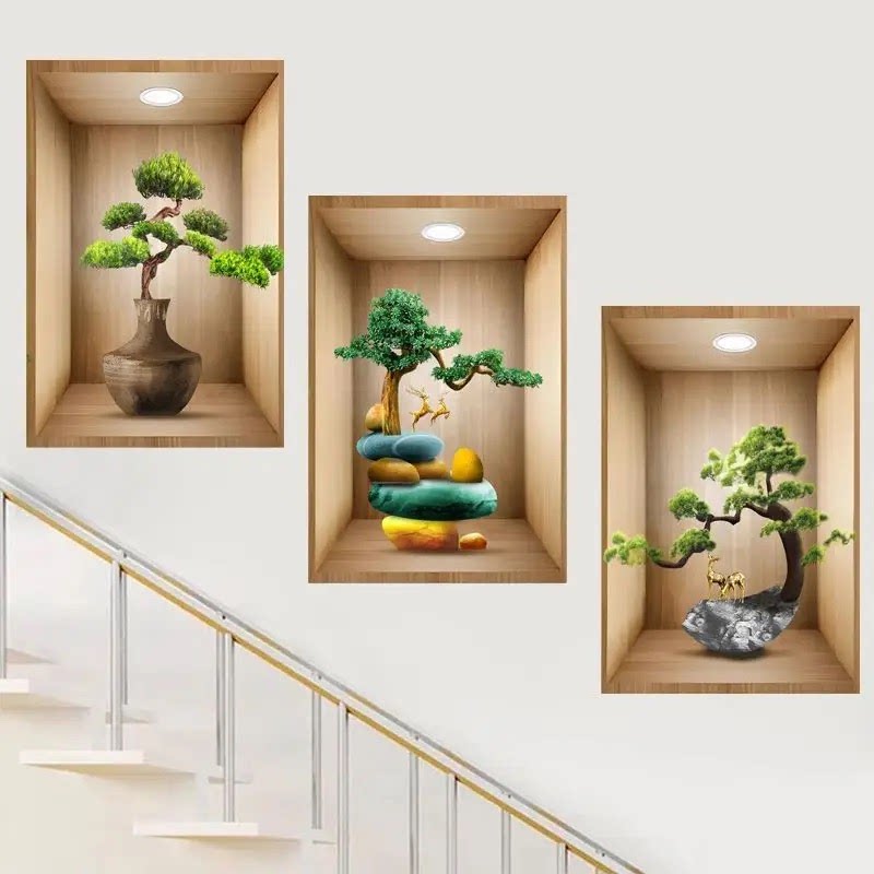 新款3D立体效果盆栽贴画客厅三联装饰画出租屋过道楼梯墙面自粘画