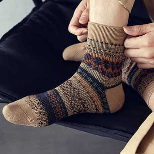 复古民族风袜子男士毛线花袜男款秋冬季中筒短袜英伦阿美咔叽长袜