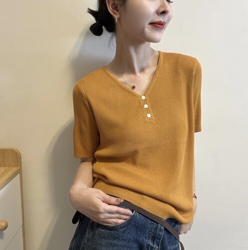 欧洲站2026夏季新款简约气质V领纽扣套头薄款短袖螺纹针织衫上衣