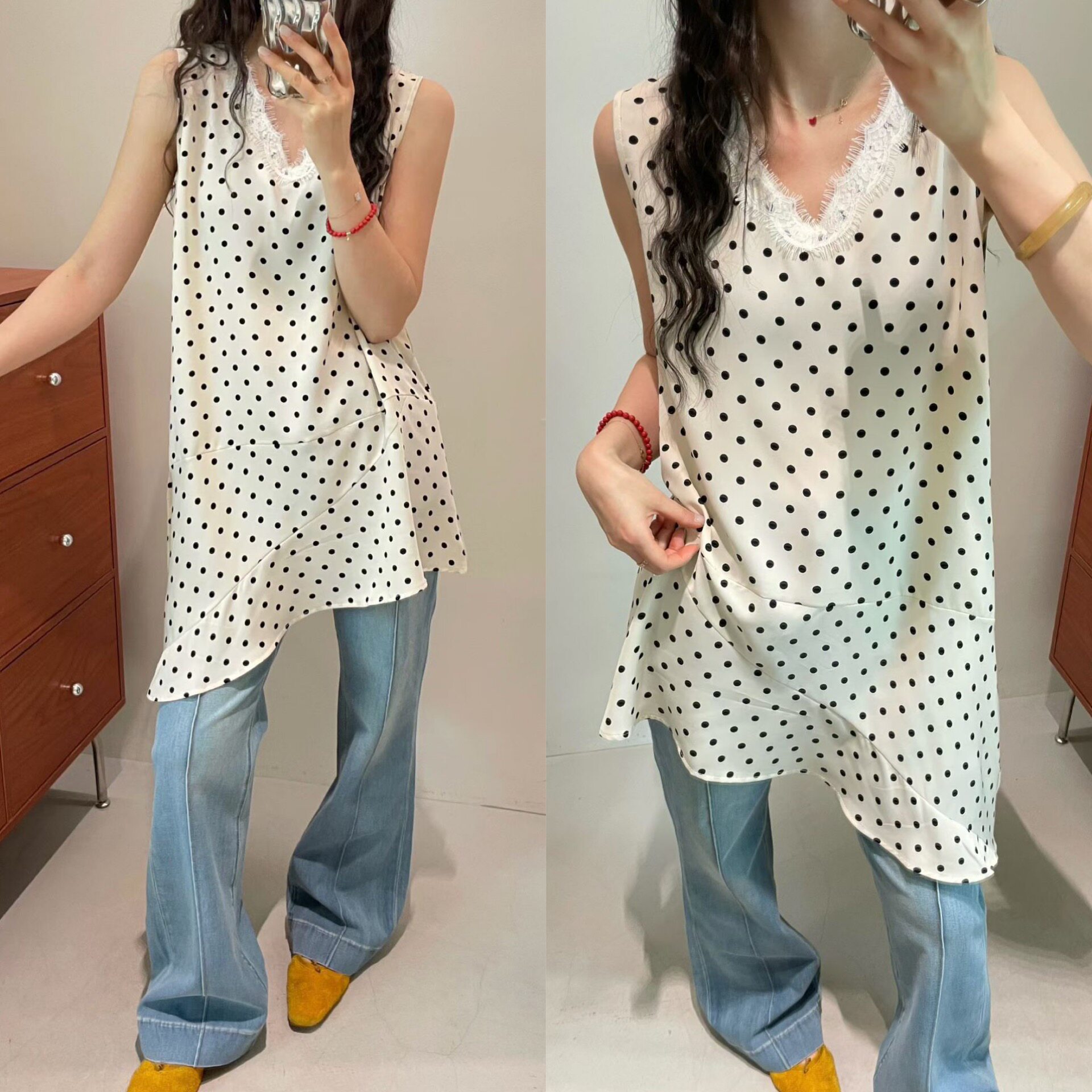 欧洲站2026春季韩系V领花边蕾丝设计中长A字版联规则波点背心裙女