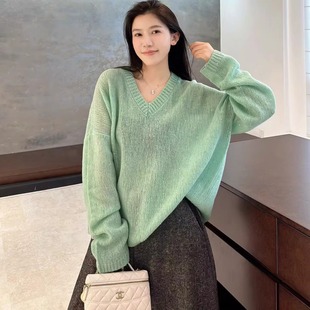 毛衣 糖果色亮片羊毛针织衫 欧洲站2025秋季 欧货慵懒风V领套头大版