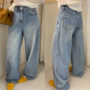 欧洲站2026春季欧货净版高腰后裤脚皮质定标直筒浅色牛仔裤长裤潮