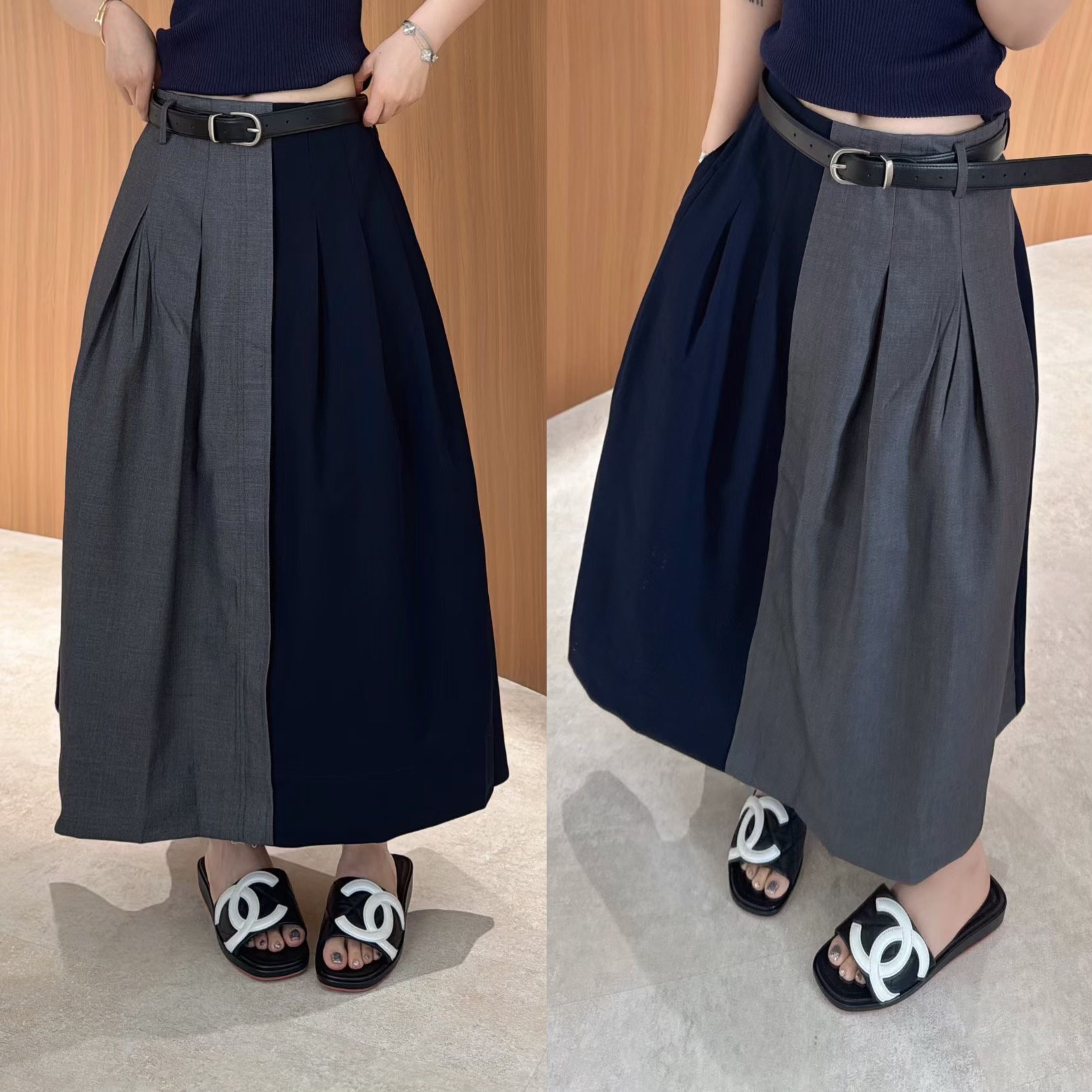 欧洲站2026春季韩版高腰褶皱A字版中长气质撞色西装半身裙长裙潮