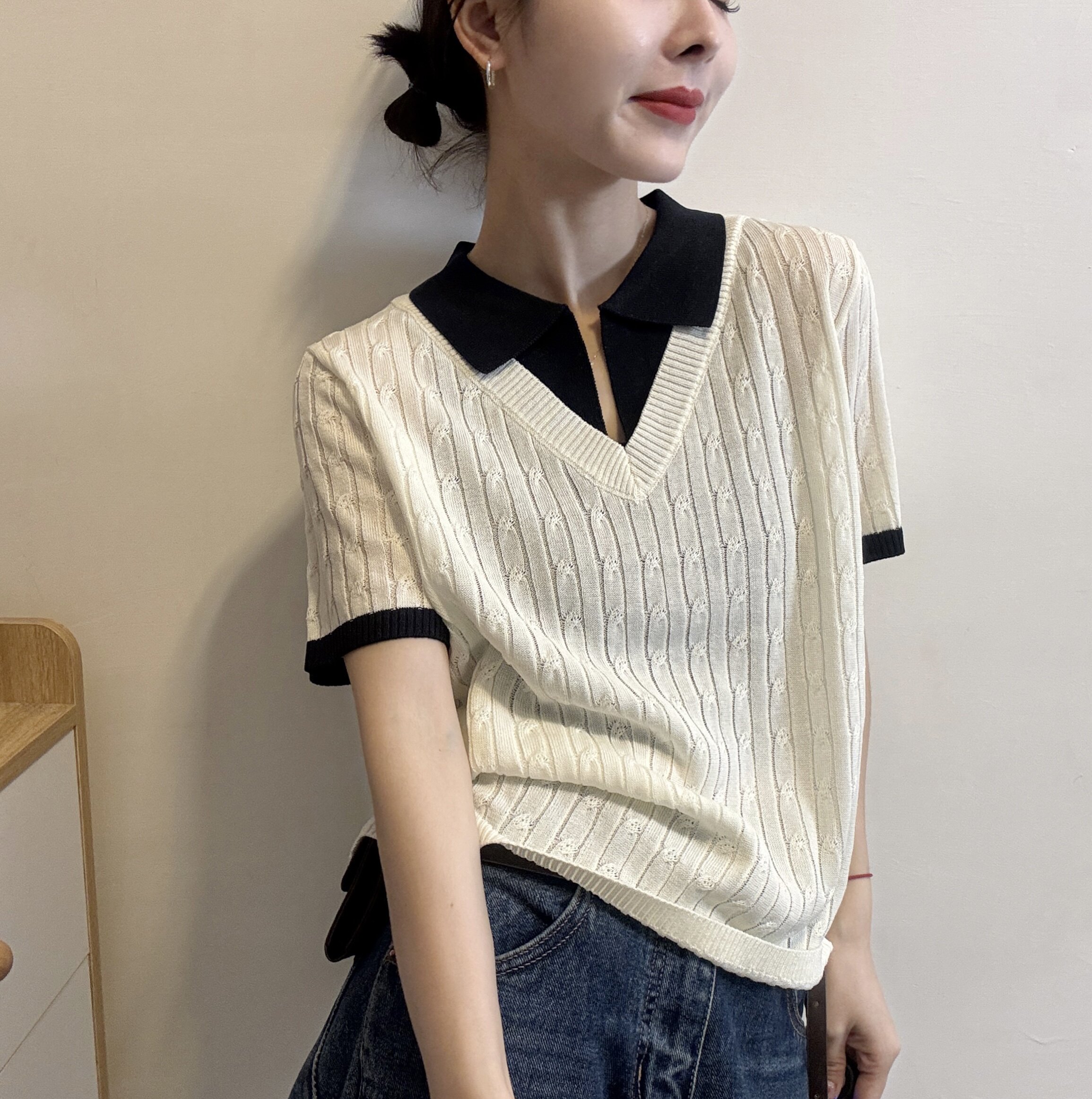 欧洲站2026春季韩版撞色POLO领拼接叠穿假两件短袖麻花针织衫上衣