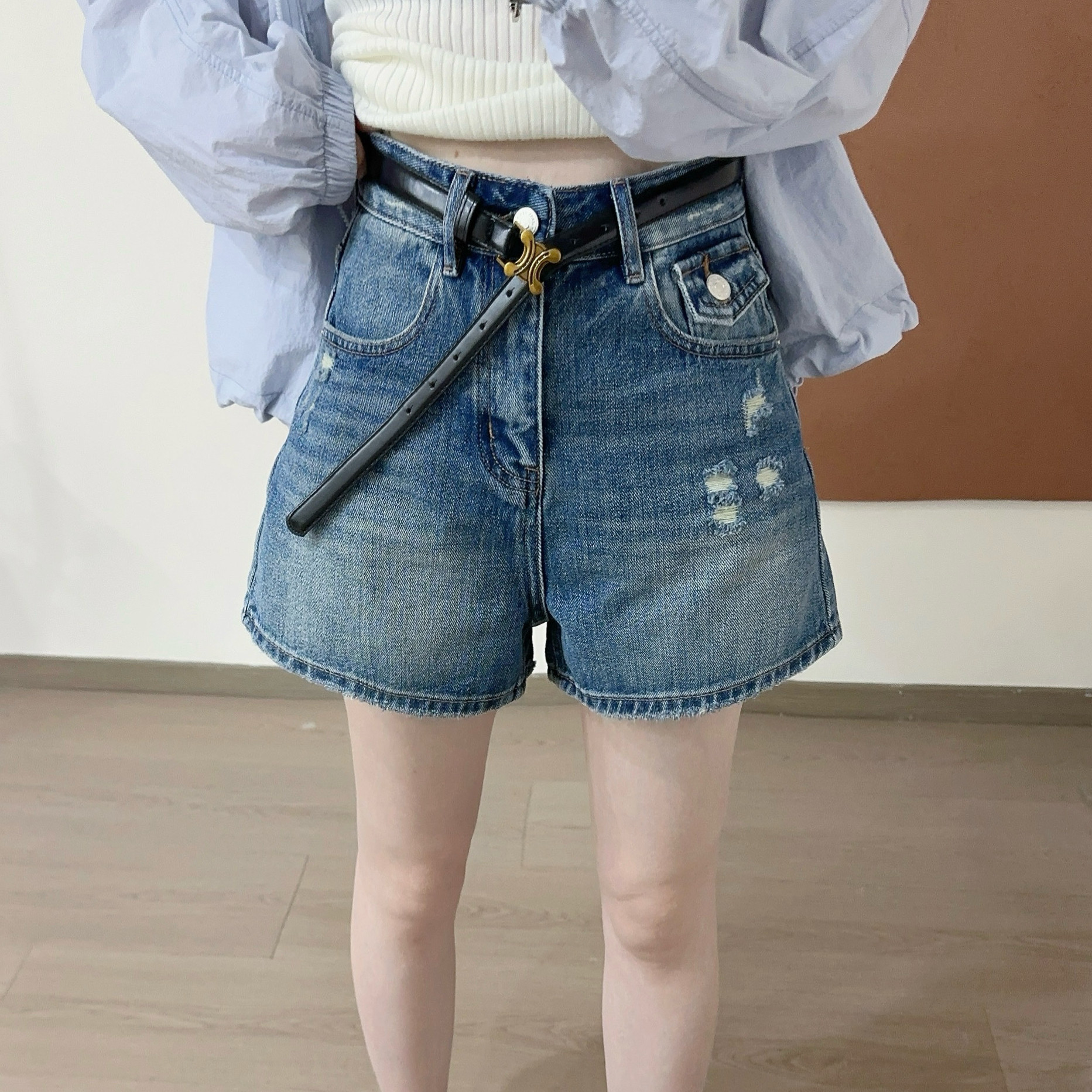 欧洲站2026夏季韩版高腰显瘦A字版口袋盖设计水洗磨破牛仔短裤潮