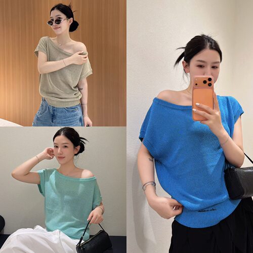 欧洲站2026夏季新款时尚小心机露肩一字领薄款短袖刺绣冰麻针织衫