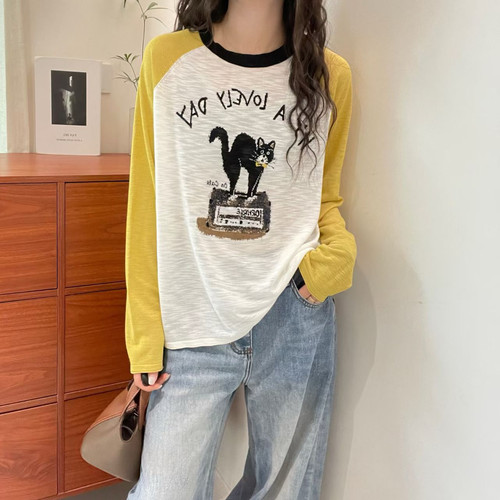 欧洲站2026春季圆领撞色插肩袖薄款字母猫咪提花长袖亚麻针织衫潮