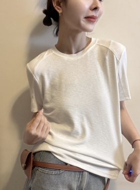 欧洲站2026春季百搭纯色圆领洋气后背压线金属扣短袖T恤打底衫女