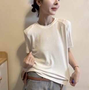 T恤打底衫 女 百搭纯色圆领洋气后背压线金属扣短袖 欧洲站2026春季