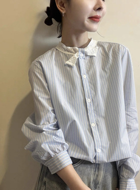 欧洲站2026春季韩味立领蕾丝领结设计排扣宽松灯笼袖竖条衬衫上衣