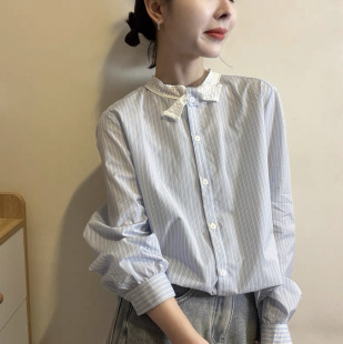 上衣 竖条衬衫 欧洲站2026春季 韩味立领蕾丝领结设计排扣宽松灯笼袖