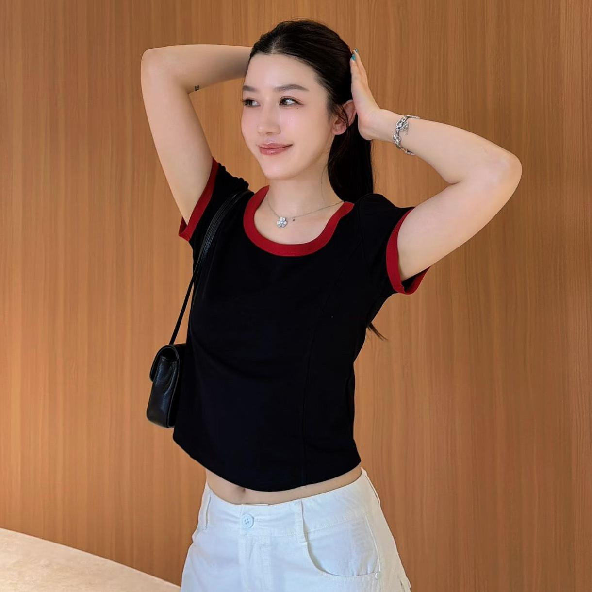 欧洲站2026夏季韩版时尚低圆领撞色拼边短袖修身小版时髦T恤女潮