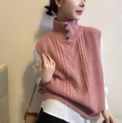 欧洲站2025冬季新款时尚衬衫打底套头纽扣高领针织背心两件套上衣