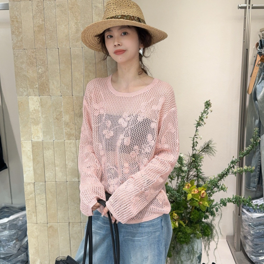 欧洲站2026春季韩系圆领透视镂空薄款长袖套头糖果色钩花针织衫女