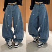 阔腿慵懒风长裤 欧洲站2026春季 欧货高腰时髦侧压线破洞弯刀牛仔裤