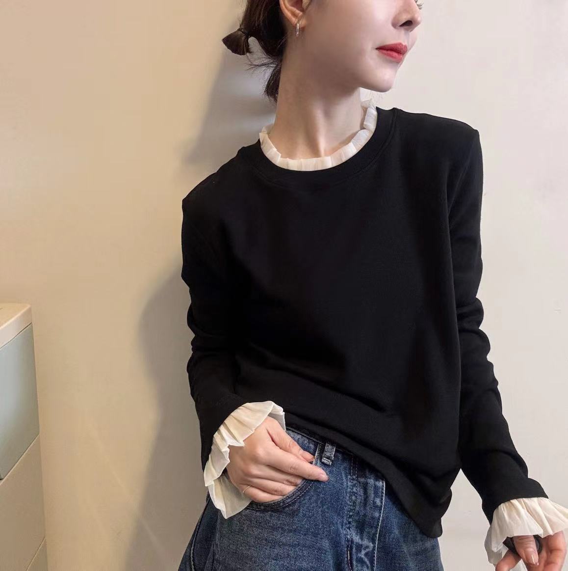 欧洲站2025秋冬时尚拼色百褶花边圆领套头甜美喇叭袖T恤打底衫潮