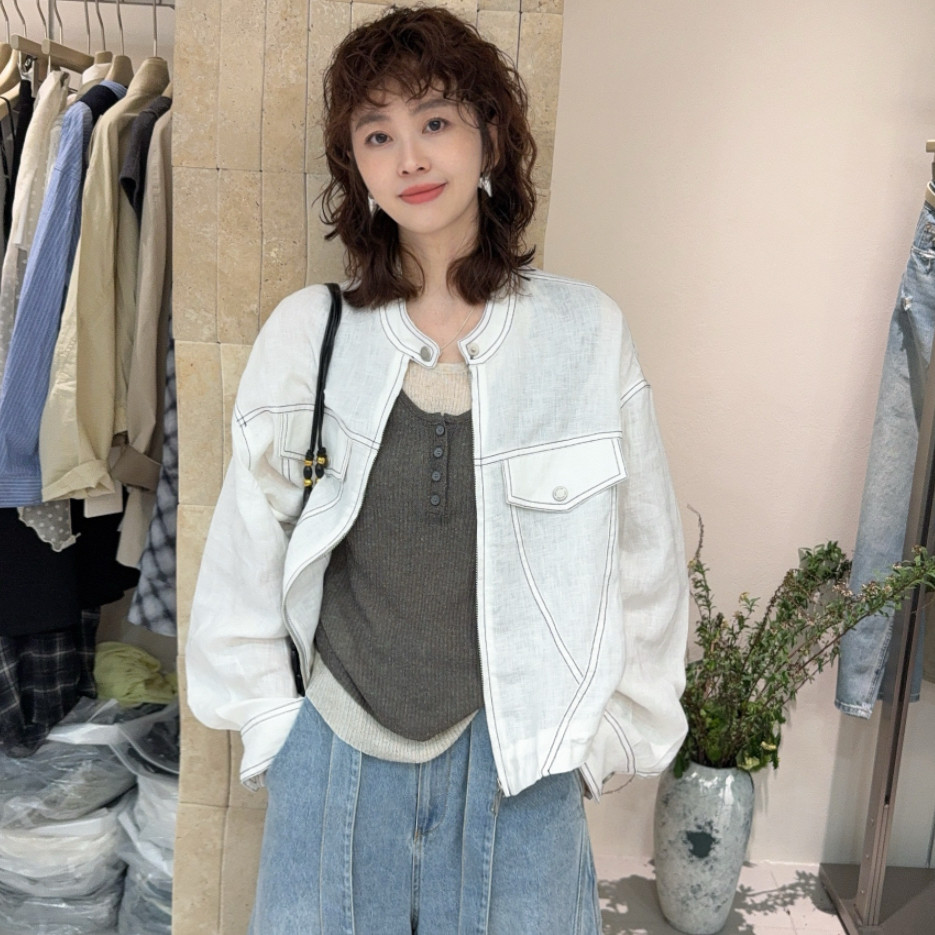 欧洲站2026春季韩版圆领后背补丁设计休闲薄款拉链明线麻料外套潮